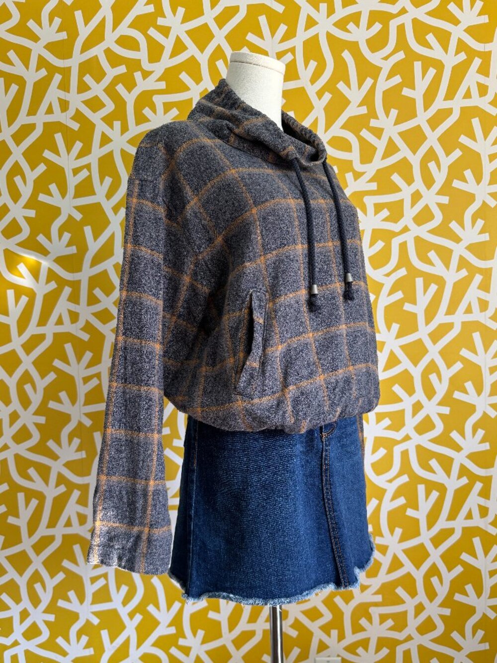 Forever 21 Grey Orange Plaid Flannel Cowl Neck Pullover with Pockets - Medium
